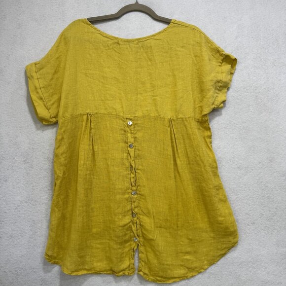 Terzo Millennio Shirt Womens Medium Yellow Linen High Low Button Back Italy - Picture 2 of 8